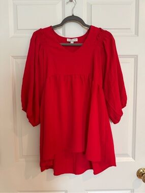She + Sky Red V-Neck Peasant Tunic with Puff Sleeves